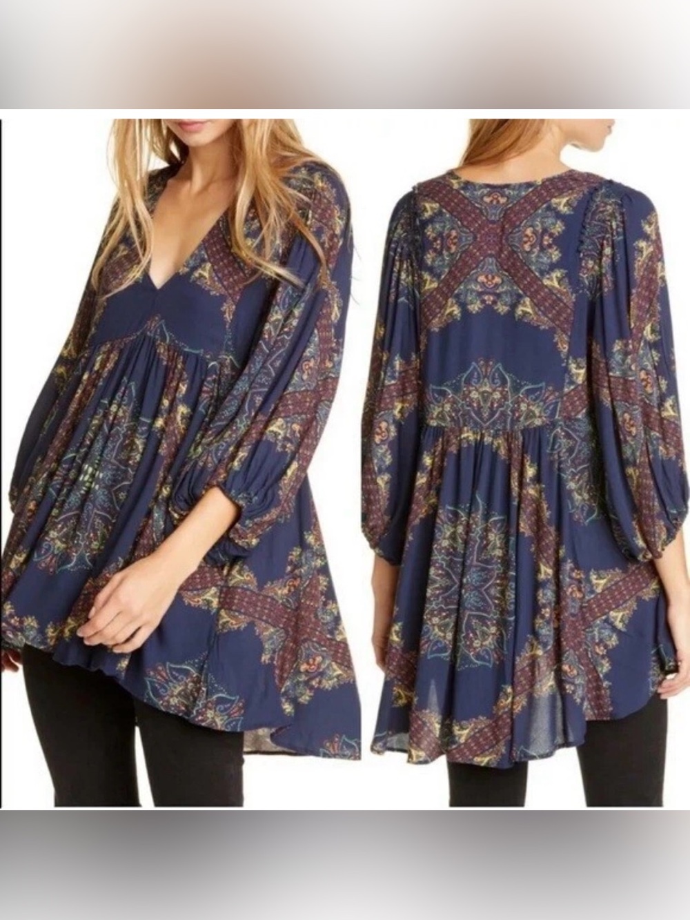 Free People Girl Talk Tunic Top Navy Blue Paisley Balloon Sleeve Boho - Size XS